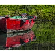 Small, wooden fishing boat moored to the shore with a mirror image reflection in the calm water in the coastal town of Getaria; Getaria, Gipuzkoa, Spain Poster Print by Carson Ganci (15 x 13)