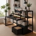 thumbnail image 4 of Escritorio para Computadora con LED y Enchufe (Negro) | Mesa para PC Industrial Mueble Oficina con 3 Repisas y Cajone Gamer Desk Grande para Recamara/Estudio/Sala150x48x125CM, 4 of 10