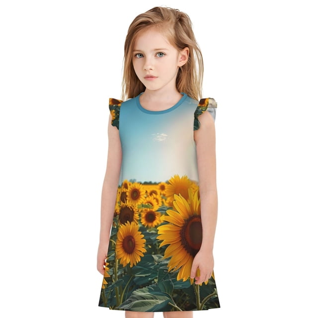 Vsdgher Robe de Nuit Tournesol Ensoleillé pour Filles Manches Courtes à Volants Robe de Nuit Pyjama pour Fête-Moyen