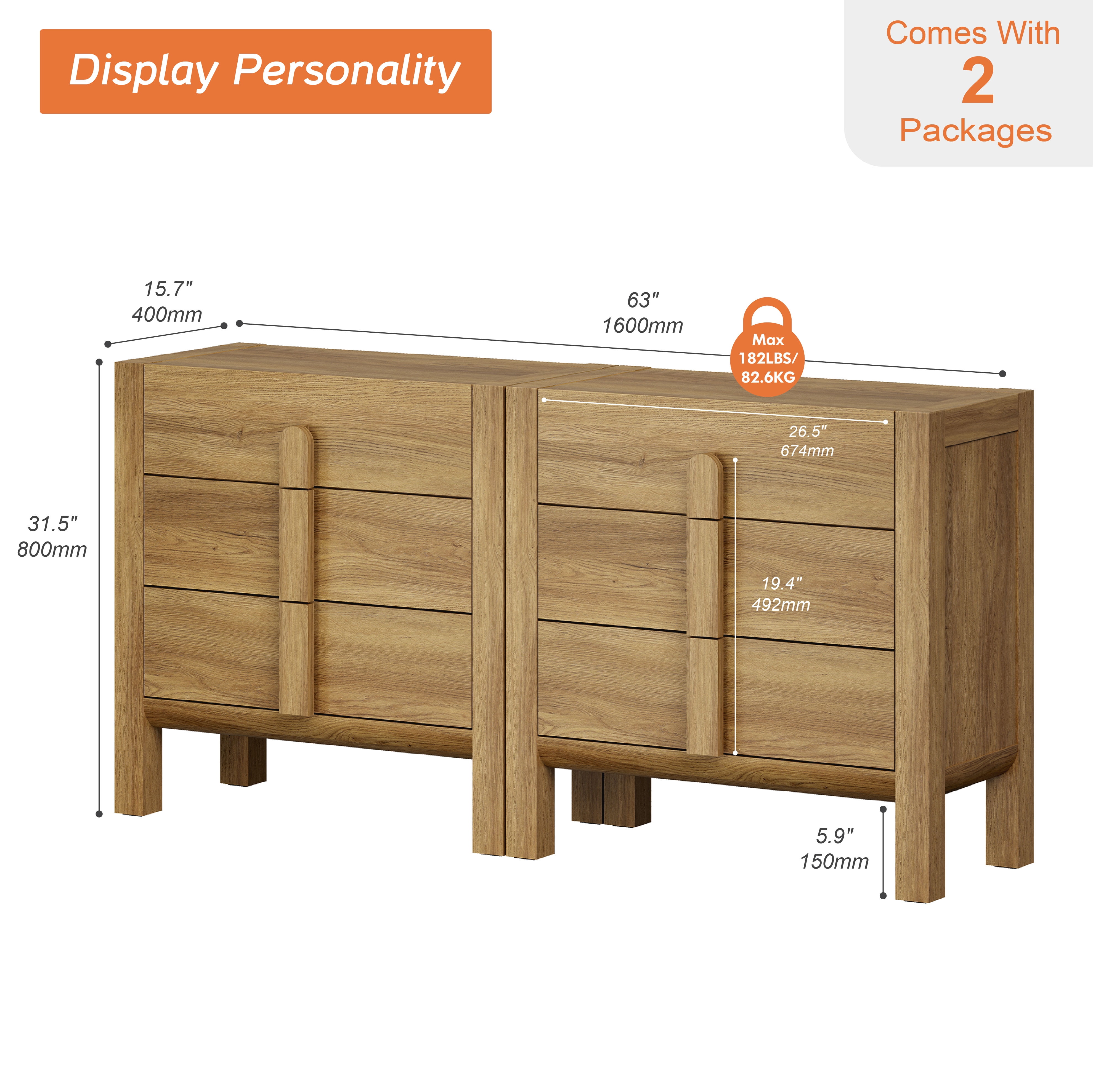 63" Mid-Century Modern TV Stand, Dresser with 6 Drawers, Wooden TV Console with Storage for Living Room,Bedroom