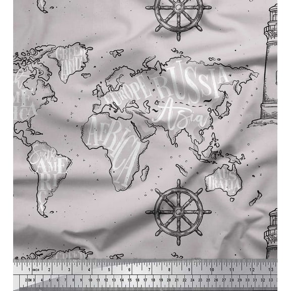 Soimoi Gray Poly Georgette Fabric Direction Compass & Lighthouse Map Print Fabric by the Yard 42 Inch Wide