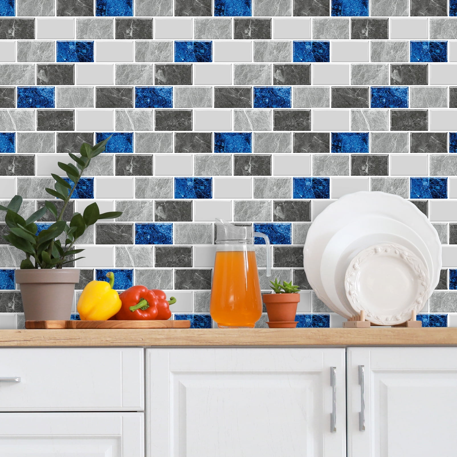DEWOO Peel and Stick Backsplash - 10 Sheets of 12"×12" - 3D Adhesive Peel and Stick Tile Backsplash for Kitchen, Bathroom, Wall Tile, Blue Gray
