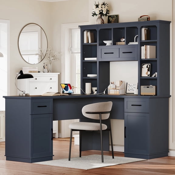 MDQMD Modern L-Shaped Blue Office Desk with Drawer and Shelves,Computer Desk with Storage for Study, Office