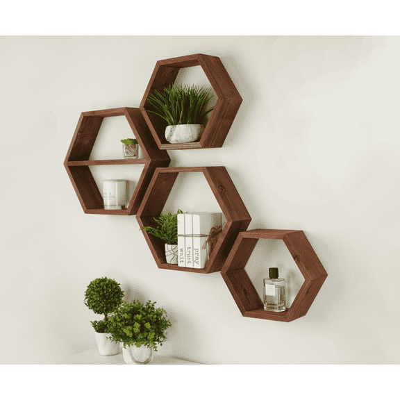 Extra Large Hexagon Shelves Set of 4 - Brown - Wall Storage - Hanging Wall Decor - Stylish Hexagon, Honeycomb Floating Shelves for Living Room Decor, Bedroom, and Kitchen Home Decor