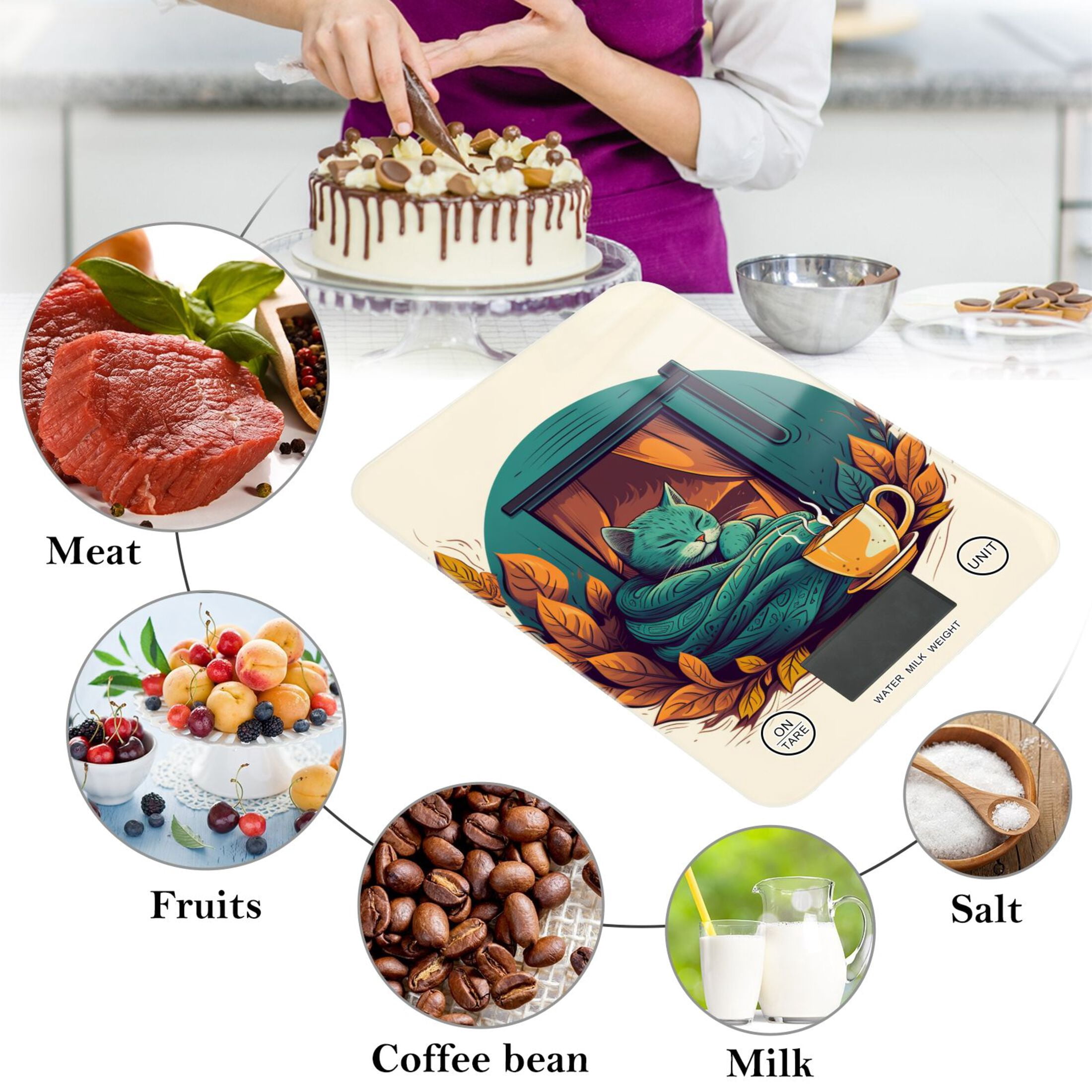 Cat Leaves Cup Blanket Food Scale Digital Kitchen Scale Waterproof Tempered Glass Tare Function 11 lb for Baking Cooking Meal Prep