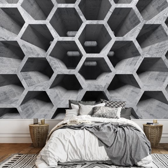 wall26 - Abstract Gray Concrete Interior with Honeycomb Structure - Removable Wall Mural | Self-Adhesive Large Wallpaper - 100x144 inches