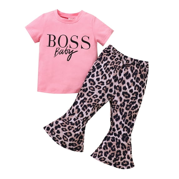 Toddler Girls Bell Bottom Outfits Short Sleeve Letter Top + Leopard Bell-Bottomed Pants Set