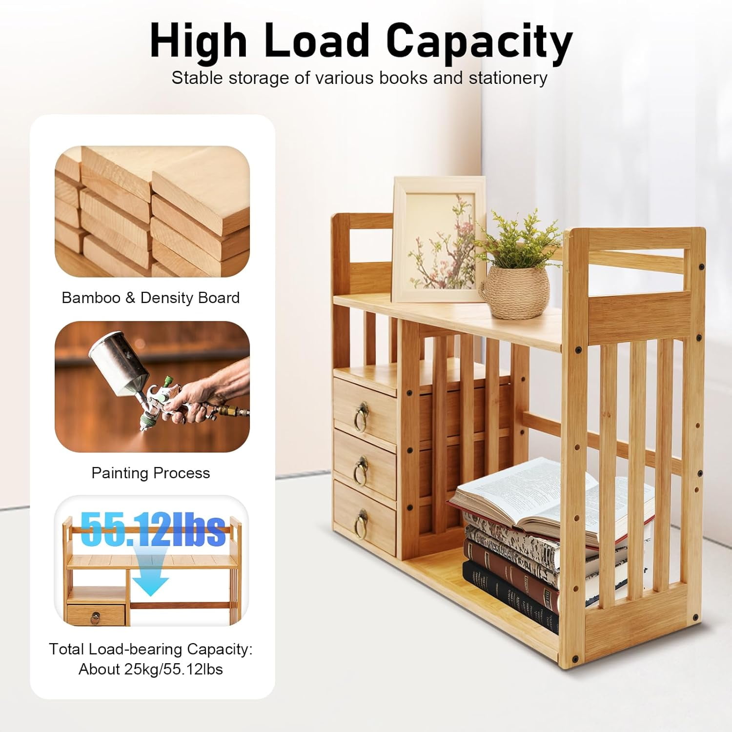 3-Tier Bamboo Desktop Storage Shelf Desk Storage Hutch 3 Drawers Desktop Display Rack Office Storage Rack for Home Office Dorm