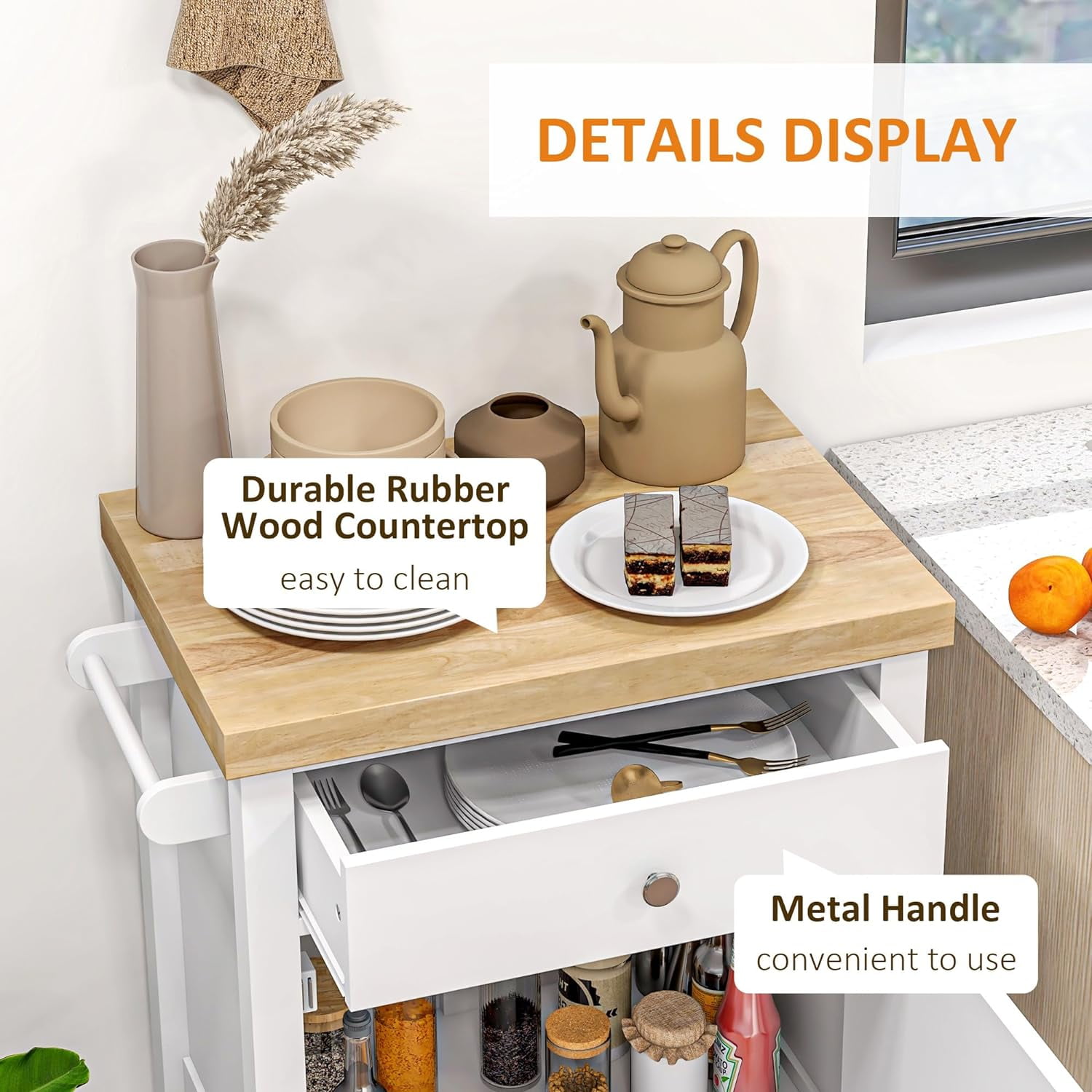 Utility Kitchen Cart, Rolling Kitchen Island with Smooth Rubberwood Top, Narrow Butcher Block Surface on Wheels with Storage Drawer & Cabinet, White