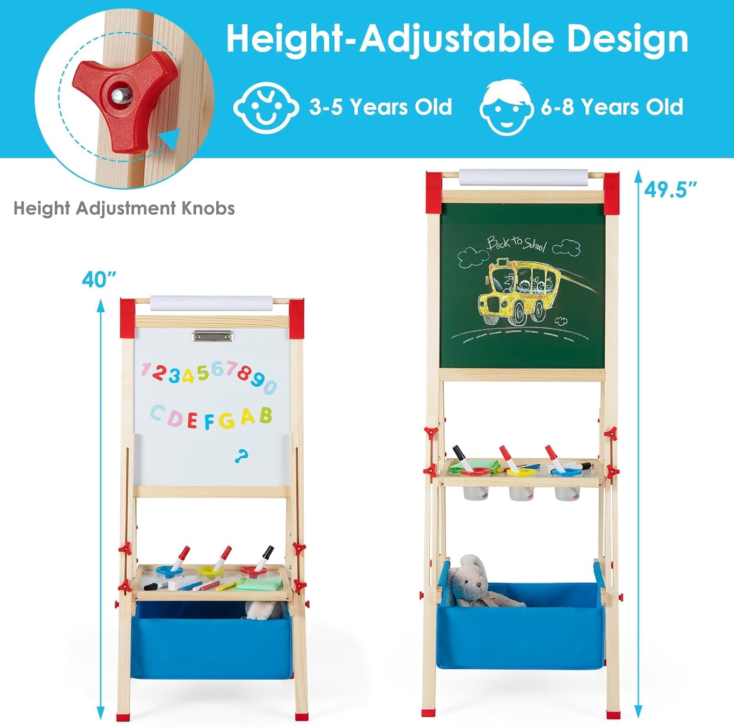 Easel for Kids, All in 1 Double Sided Wooden Art Easel w/Magnetic Chalkboard, Whiteboard, Paper Roll, Storage Tray & Bag, Letters & Numbers Magnets, Height Adjustable Toddler Easel