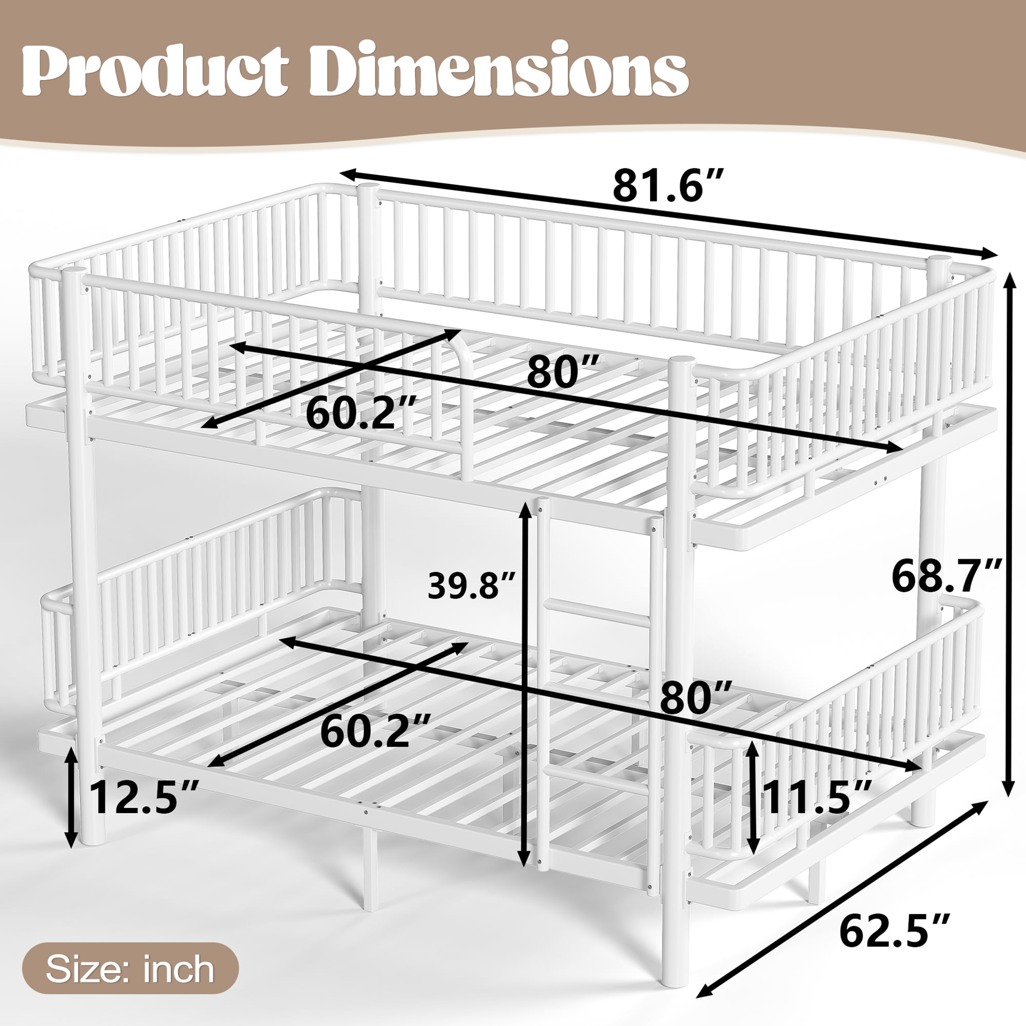 Queen over Queen Bunk Bed with Ladders and Guardrails, Metal Bunk Bed Frame Convertible into 2 Separate Platform Beds for Bedroom All Ages, No Box Spring Needed, White