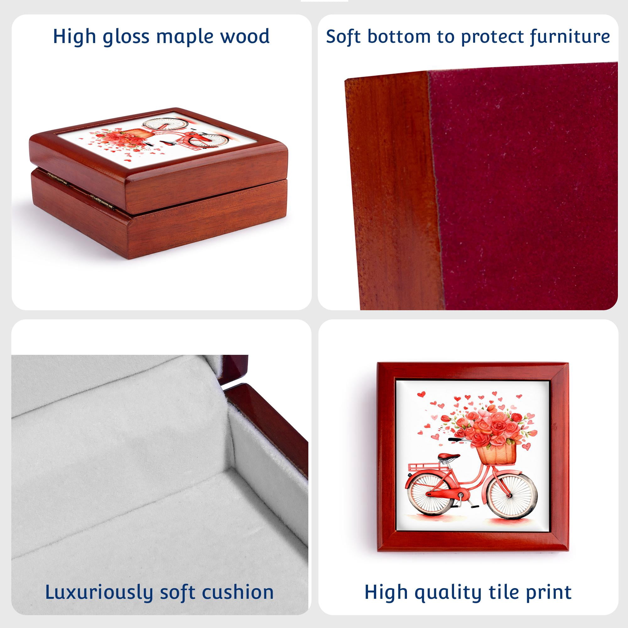 3dRose, Cute Red Valentine Floral Bike Illustration, Jewelry Box 5.5x5.5 inch with 4 inch tile