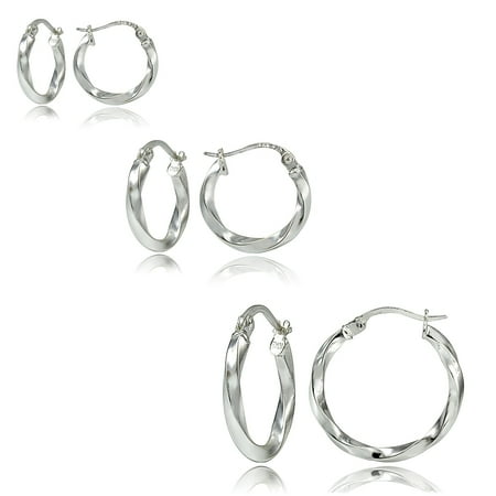 Silver 20mm Tribal - Set of 3 Sterling Silver 2mm Twist Hoop Earrings, 20mm, 25mm, 35mm
