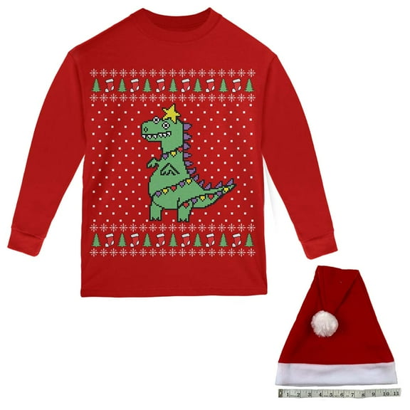 Big Tree Rex T Rex Ugly Christmas Sweater Big Kids Long Sleeve T Shirt with Santa Hat