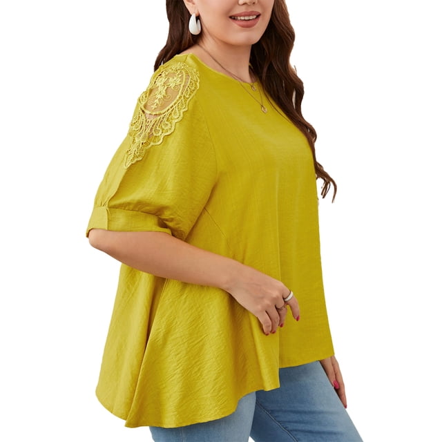 Camisa de manga corta de encaje de verano para mujer, camiseta holgada con dobladillo Irregular, Top informal con cuello redondo, amarillo XXL