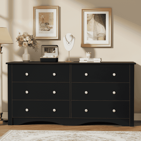 Homall 47'' Wide 6 Drawer Wood Dresser, Chest of Drawers Double Tier Storage Cabinet for Bedroom & Living Room, BlackFinish