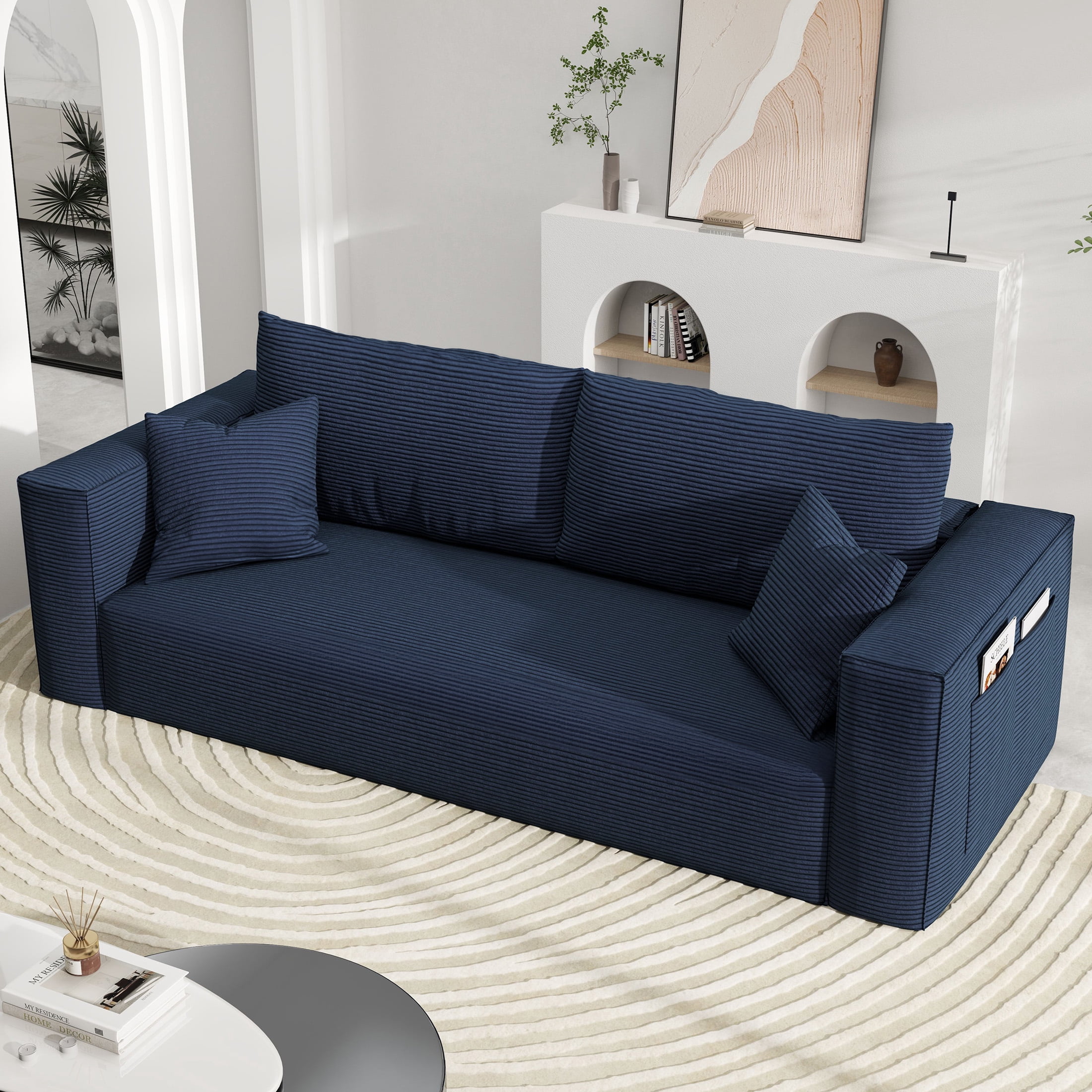 DEALTOPS 88" Loveseat Sofa, 3 Seater Pure Sponge Foam, Corduroy for Living Room, Easy Assembly，Blue