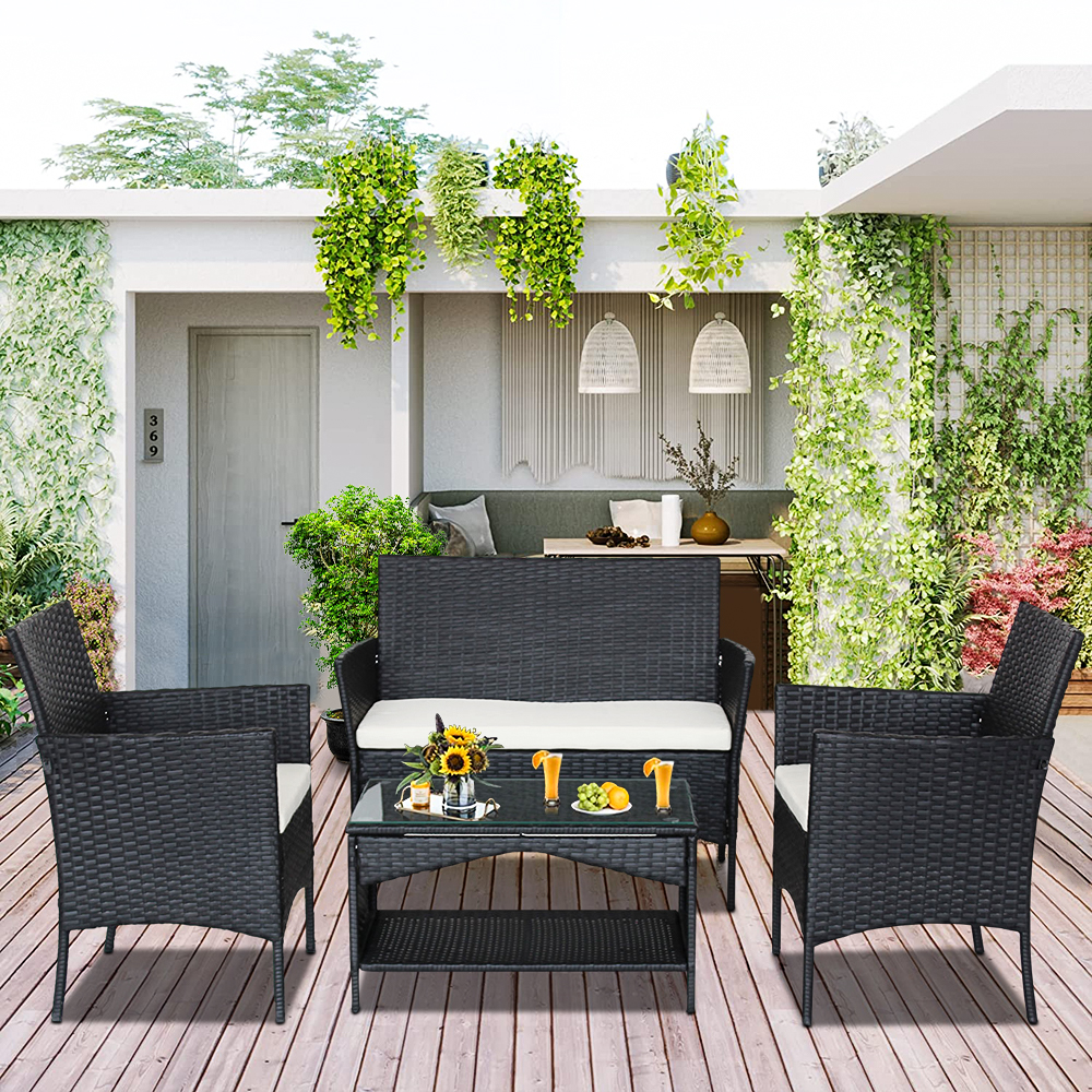 Outdoor Patio Furniture Set, 4 Piece Garden Conversation Set with Glass Dining Table, Loveseat & 2 Cushioned Chairs, Black Wicker Patio Set with Coffee Table for Yard, Porch, Poolside,LL886 - image 1 of 10