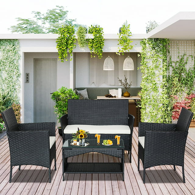 Outdoor Patio Furniture Set, 4 Piece Garden Conversation Set with Glass Dining Table, Loveseat & 2 Cushioned Chairs, Black Wicker Patio Set with Coffee Table for Yard, Porch, Poolside,LL886