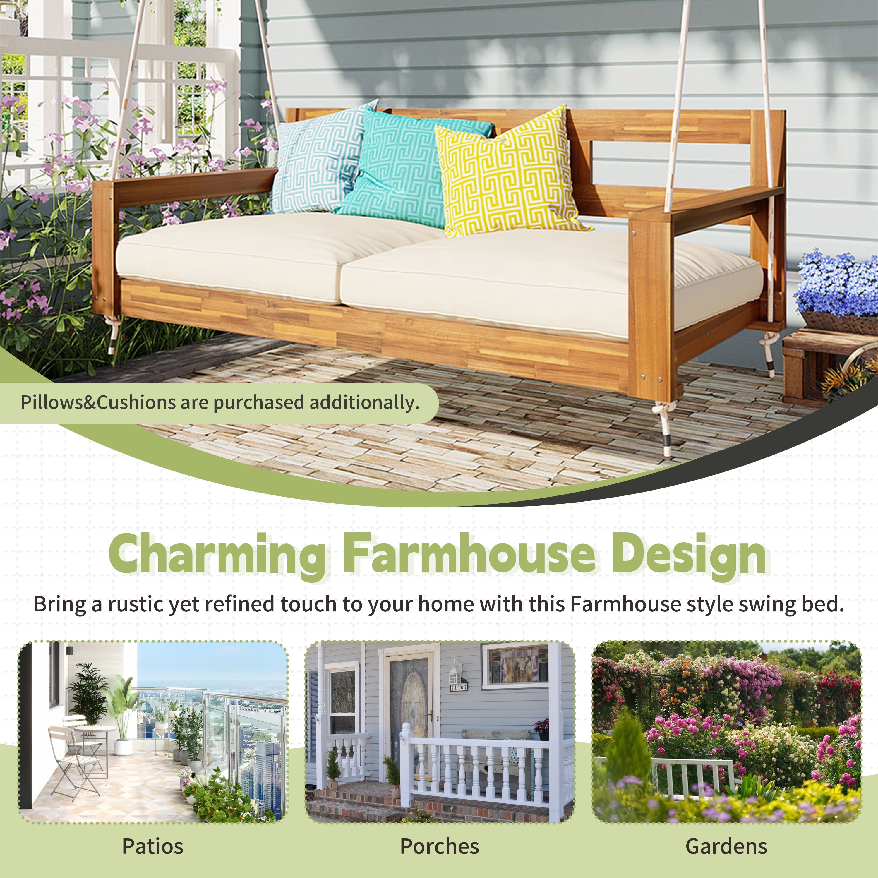 Euroco Acacia Wood Farmhouse Swing Bed with Hemp Rope Suspension, 350lbs Capacity, Twin Size, Easy Assembly, Cushions Not Included