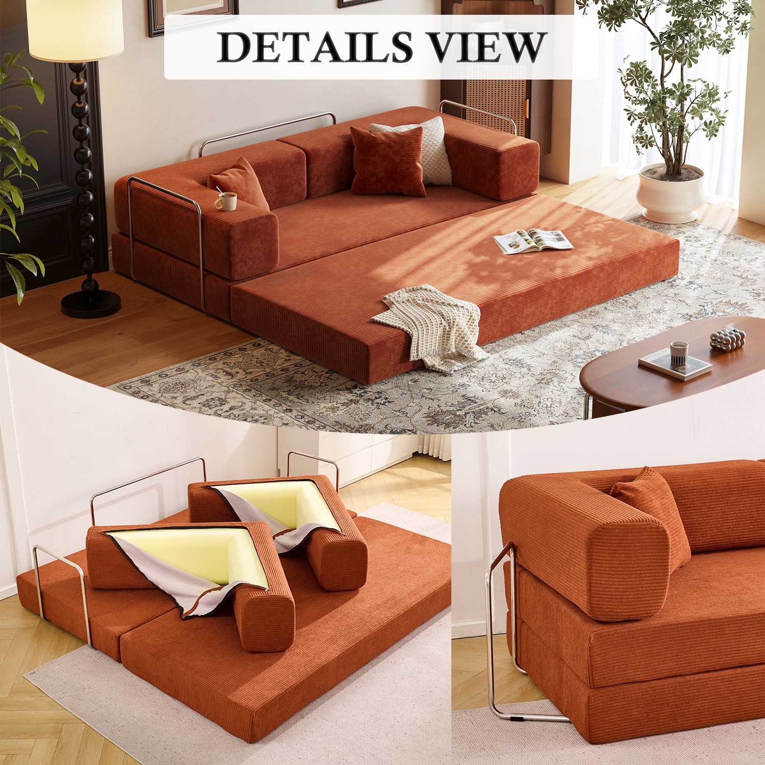 Lodeija 80.3" 5-in-1 Convertible Futon Sofa Bed, Green Corduroy Tatami Sleeper Couch for Small Spaces, 2 Pillows