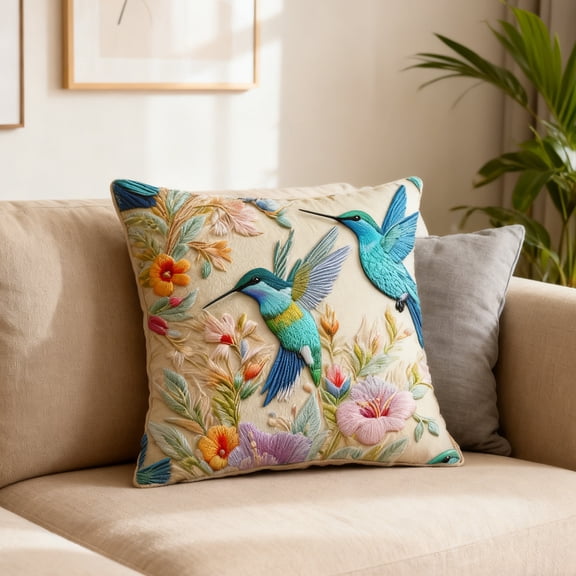 Retro Floral Bird Print Pillow Cover Velvet Cushion Case for Sofa Living Room Decor Simulated Embroidery Home Accent(A)
