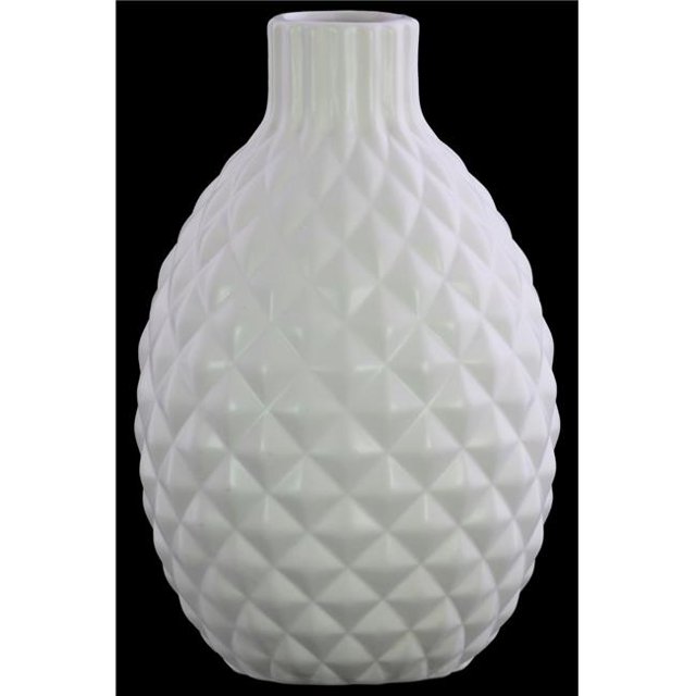 Urban Trends Collection 31846 Stoneware Bellied Round Vase with Short Engraved Parallel Lines Design Neck, Matte & White
