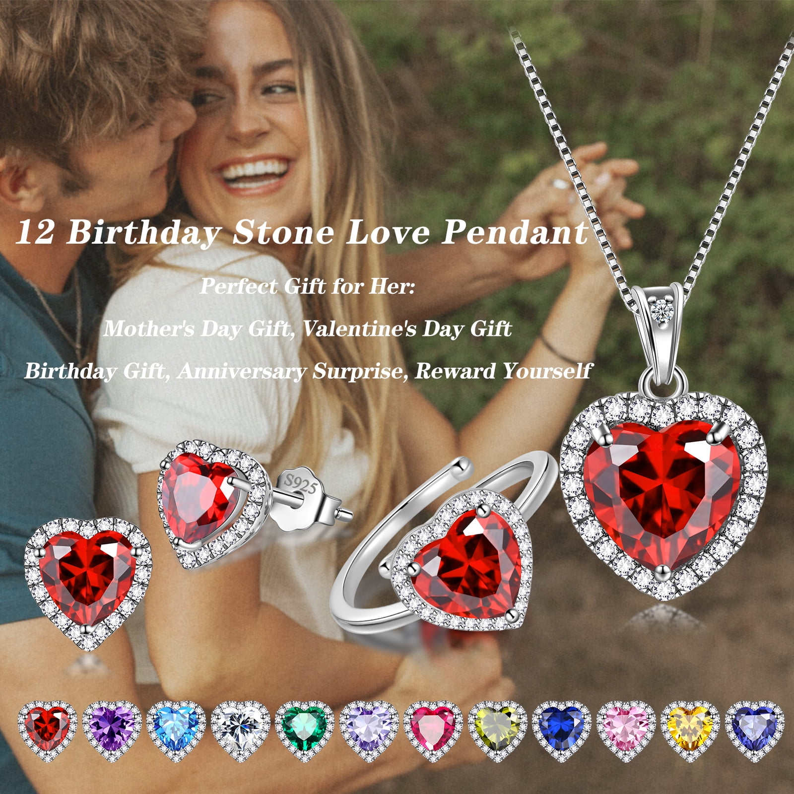 Juwaliy Women Heart Jewelry Set Necklace Earrings Ring 925 Sterling Silver February Birthstone Amethyst Wife Mother Birthday Valentine's Day Gift