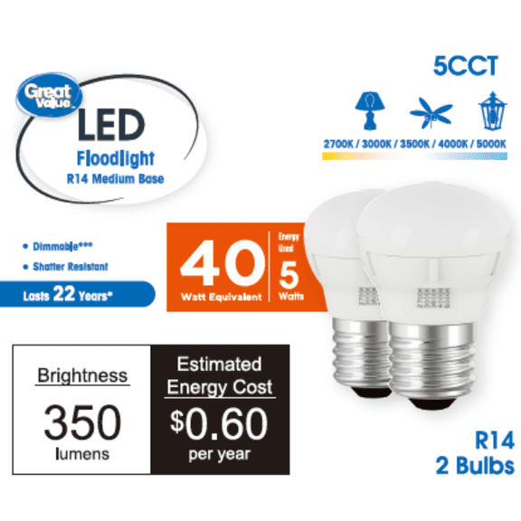 Great Value LED Light Bulb, 5 Watts (40W Equivalent) R14 Floodlight Lamp E26 Medium Base, Dimmable, 5ACT, 2-Pack