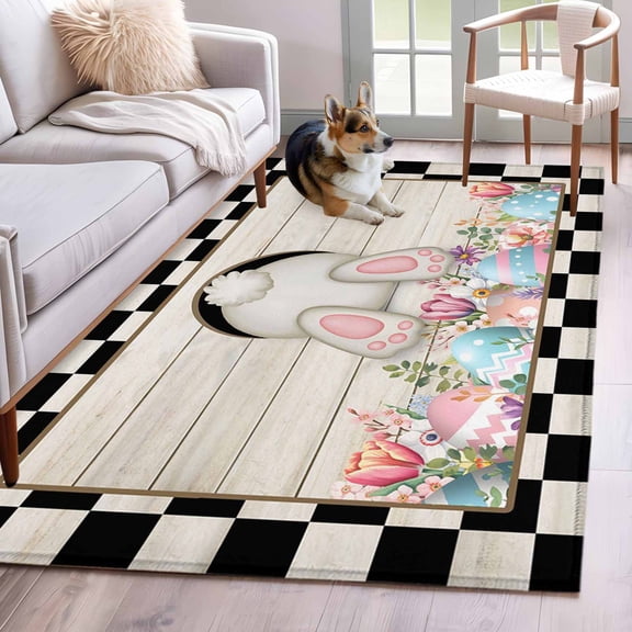 3'x5' Rug for Living Room Bedroom, Black White Bunny Easter Washable Area Rugs Non-Slip Carpet Mats, Eggs Spring Floral Rabbits Wooden Indoor Low Pile Area Rug Runner for Kitchen, Mudroom