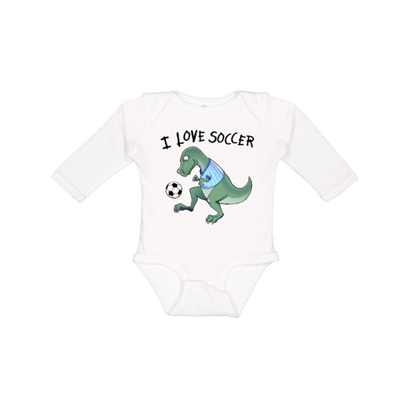 Inktastic I Love Soccer-Dinosaur in Blue Boys or Girls Long Sleeve Baby Bodysuit
