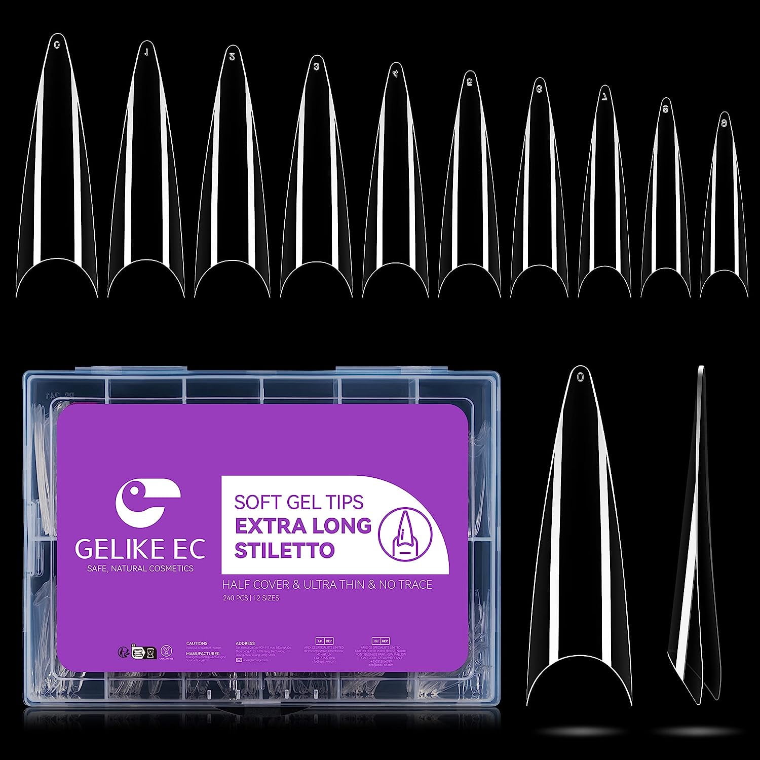 Gelike EC 240PCS Extra Long Stiletto Gel Half Cover Nail Tips Kit for