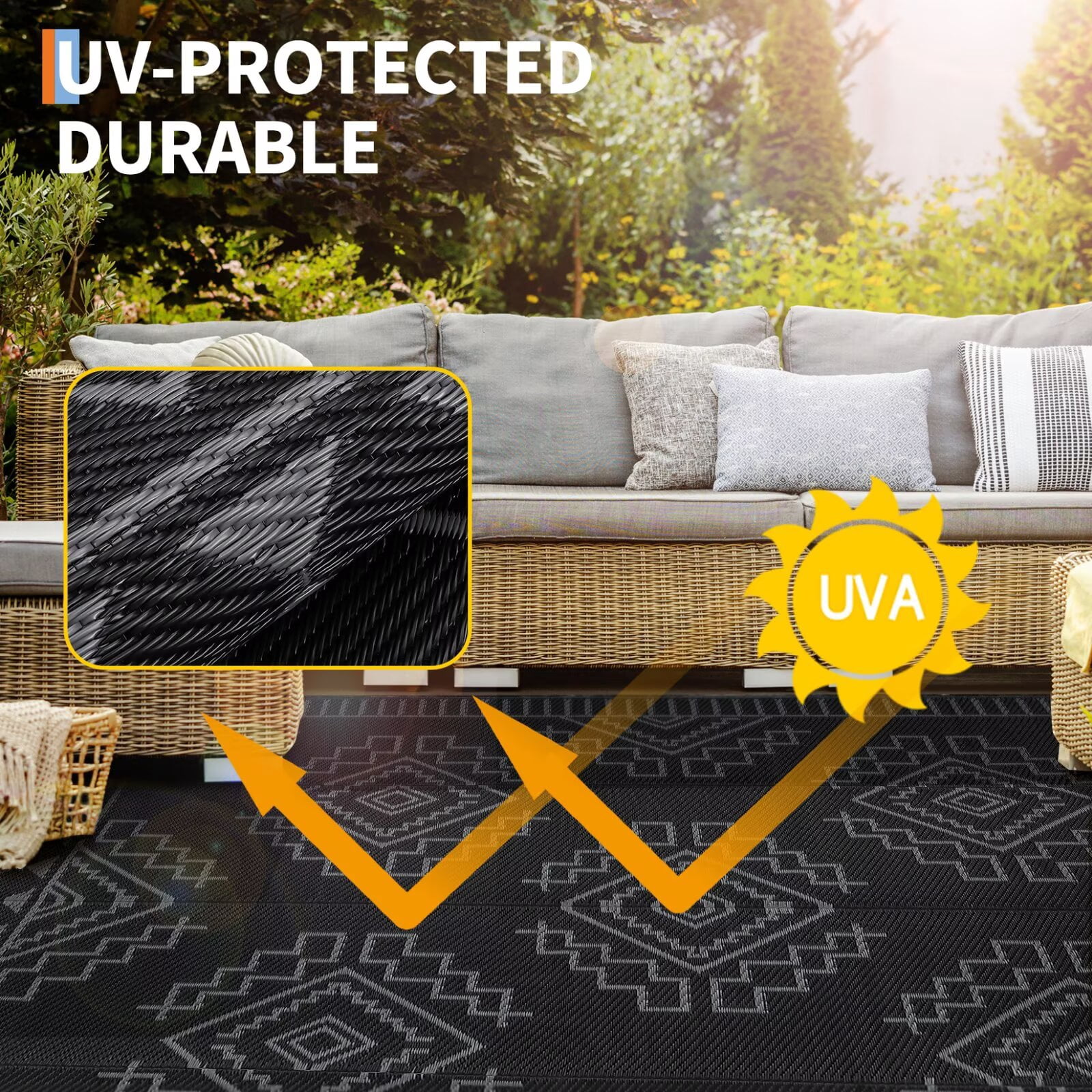 GlowSol 9'x18' Outdoor Rug Boho Geometric Plastic Straw Rug Waterproof Reversible Mat Outdoor Foldable Rug for Camping Patio Picnic, Black Gray