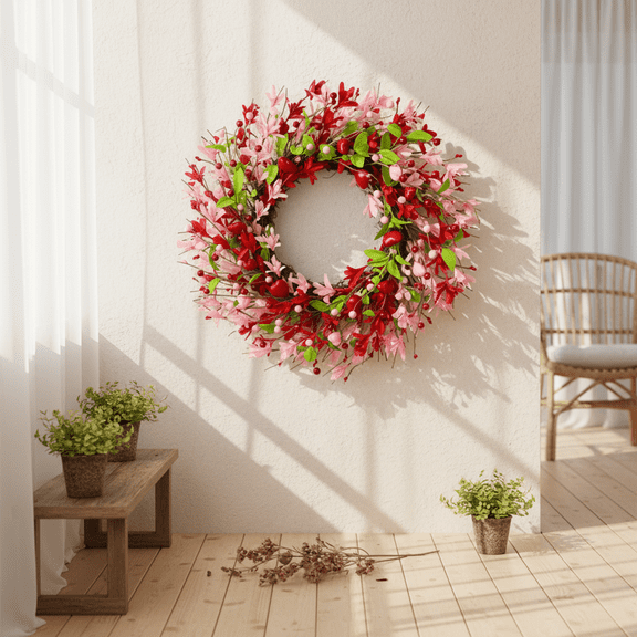 ValHome Red Pink Rose Romantic Valentine Floral Wreath - 20" Artificial Flower Wreath Wildflower - Flower Wreath for Front Door, Wall, Wedding, Anniversary & Romantic Valentine's Day Gifts for Lover