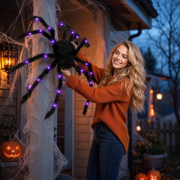 60cm/24" 90cm/35" Giant Halloween Light Up Spider, Hairy Plush Glowing LED Spider for Indoor Outdoor Yard Porch Haunted House Decor(60cm/24")