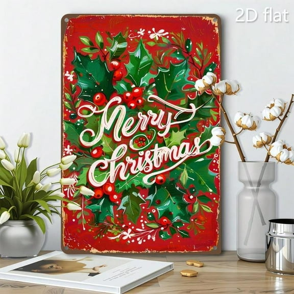 HELLOYOUNG 2D Flat, 1pc Vintage Christmas Tinplate Wall Art - Rustic Merry Christmas Sign with Holly Berries & Snowflakes, 8x12 Inch Indoor/Outdoor Holiday Decor
