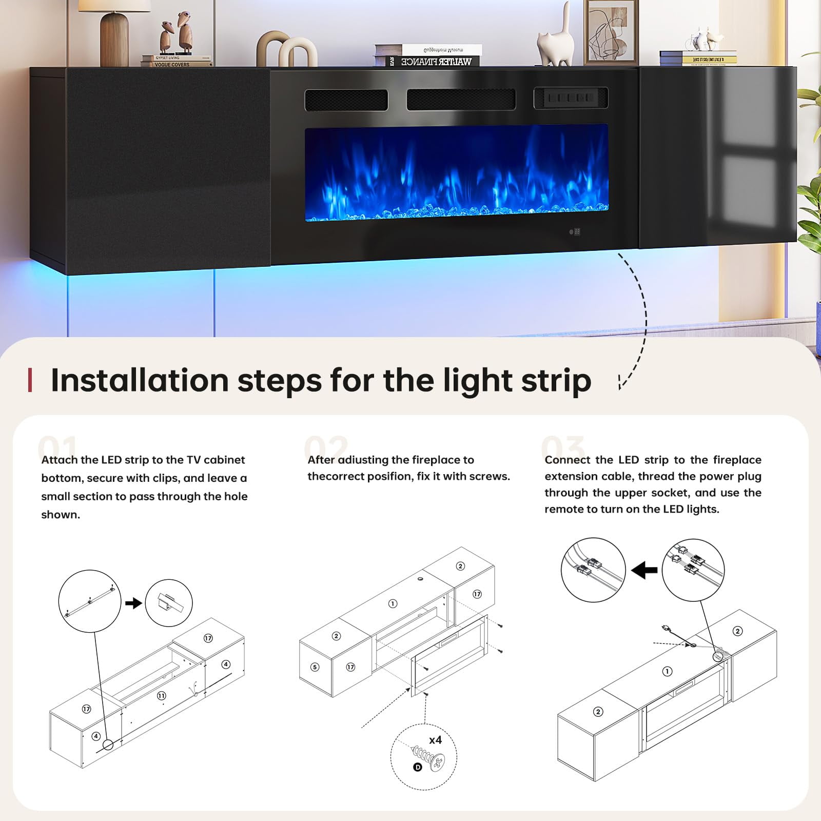 Easoger Floating TV Stand with 36" Electric Fireplace, Wall Mounted Fireplace Entertainment Center with Storage for TVs Up to 80", Adjustable Partition, Black/White (All Black)