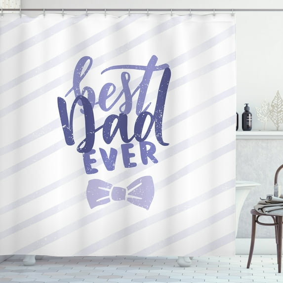 Father's Day Shower Curtain, Best Dad Ever Calligraphic Grungy Layout with Diagonal Stripes, Fabric Bathroom Set with Hooks, 69W X 75L Inches Long, Dark Indigo and Ceil Blue, by Ambesonne