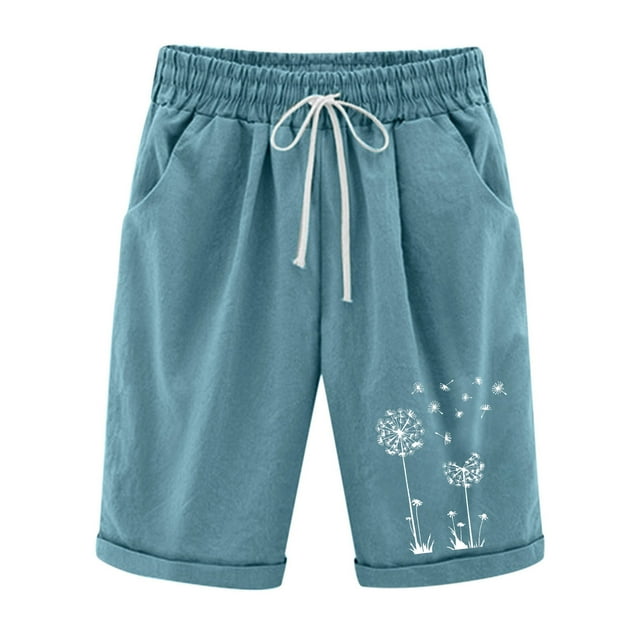 Dealovy Shorts Grande Taille pour Femmes Coton Lin Mode Imprimé Cordon Taille Haute Shorts de Détente