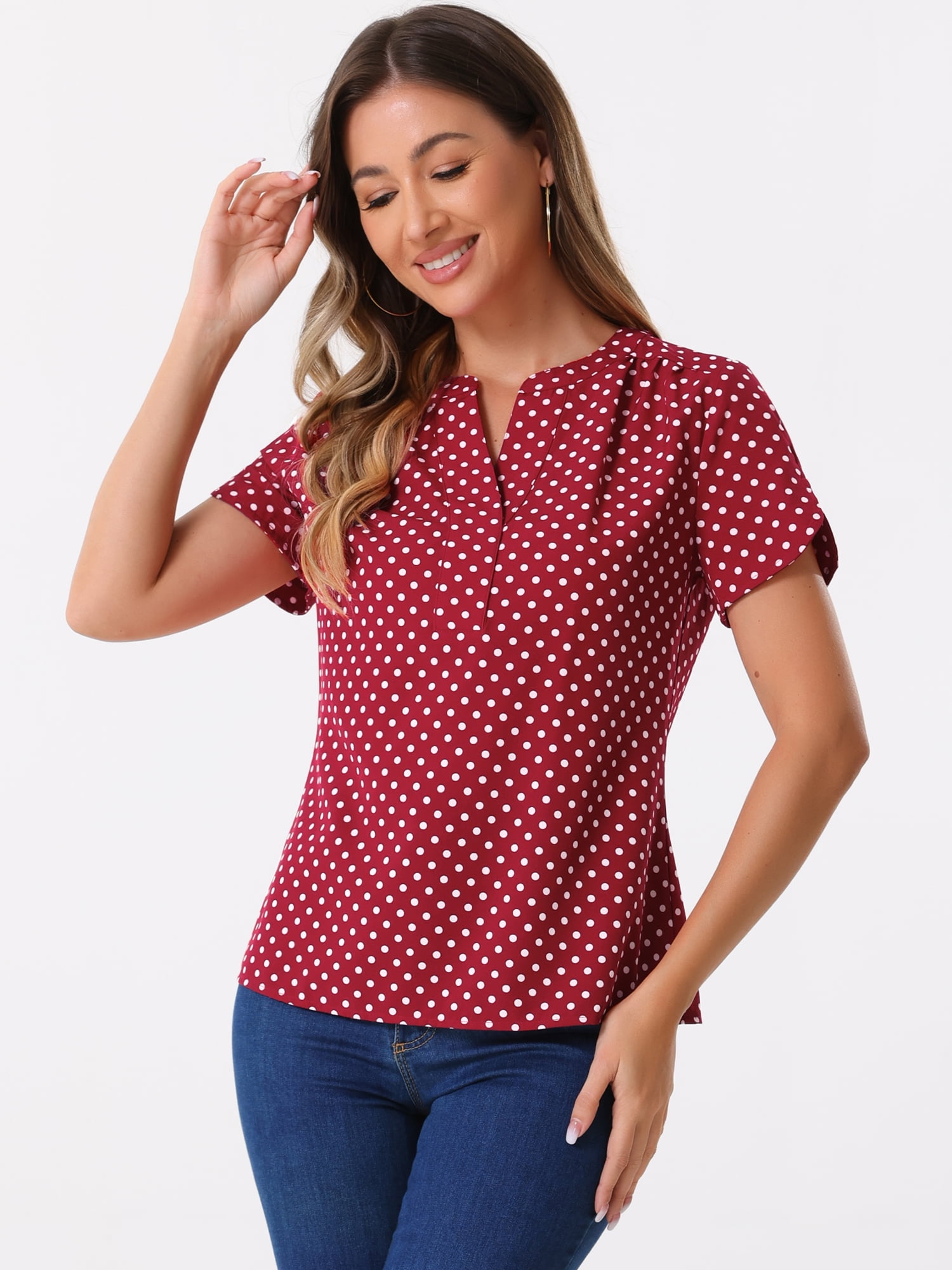 DARING DIVA V Neck Dots Printed Work Office Blouse Top S Red