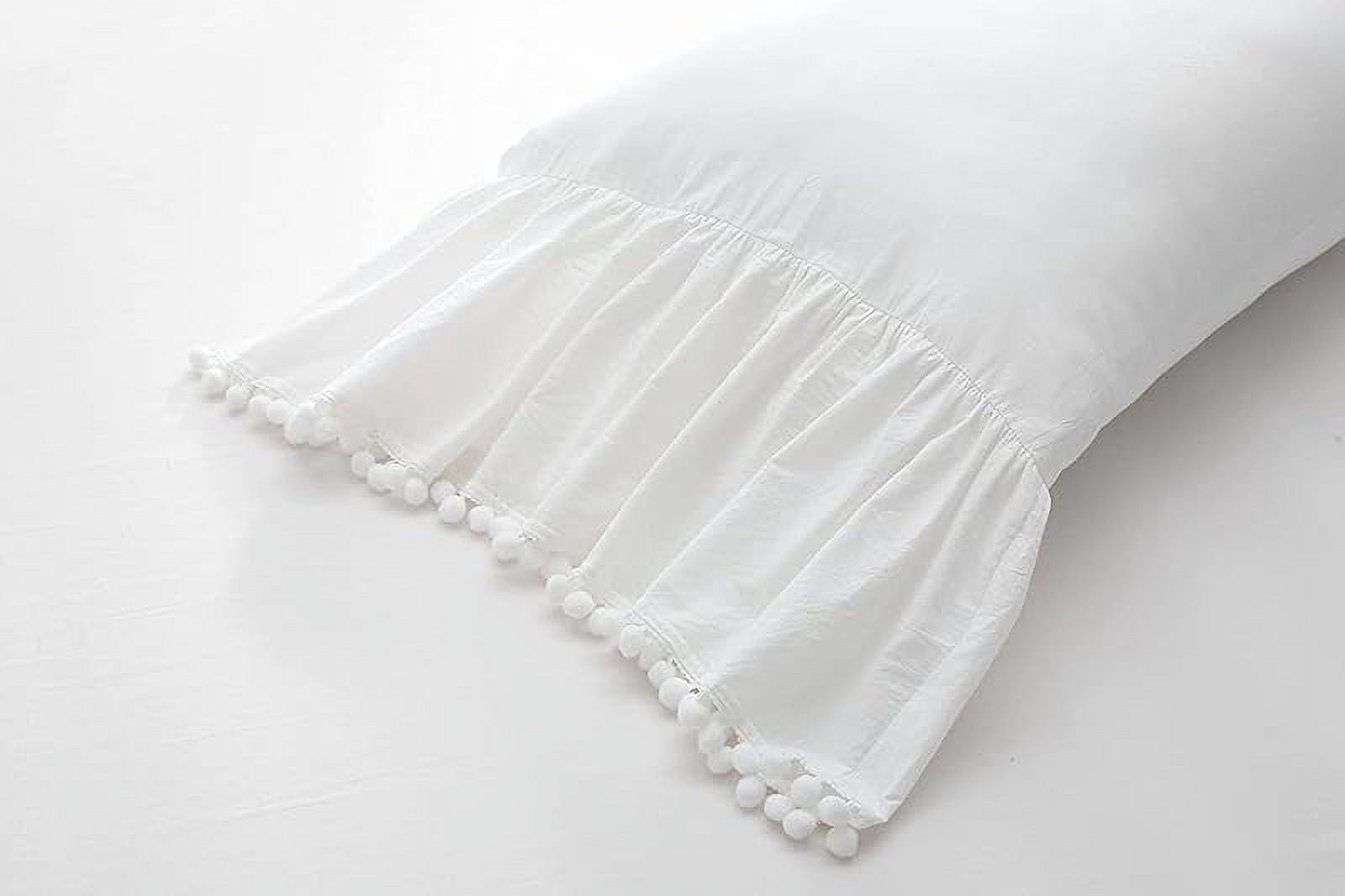 Pom Poms Pillowcases with Long Ruffles Ivory Pillow Shams Cotton Pillow Covers Queen Size 20"X30" Farmhouse French Country 2-Pack