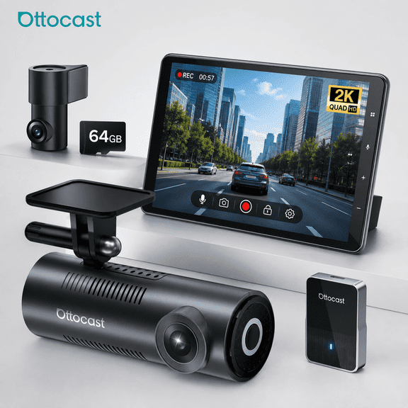 Ottocast OttoSafe Cam 2-in-1 Dash Cam & Wireless CarPlay Adapter with 64GB SD Card, 2K Front & Rear Recording, Live Road View