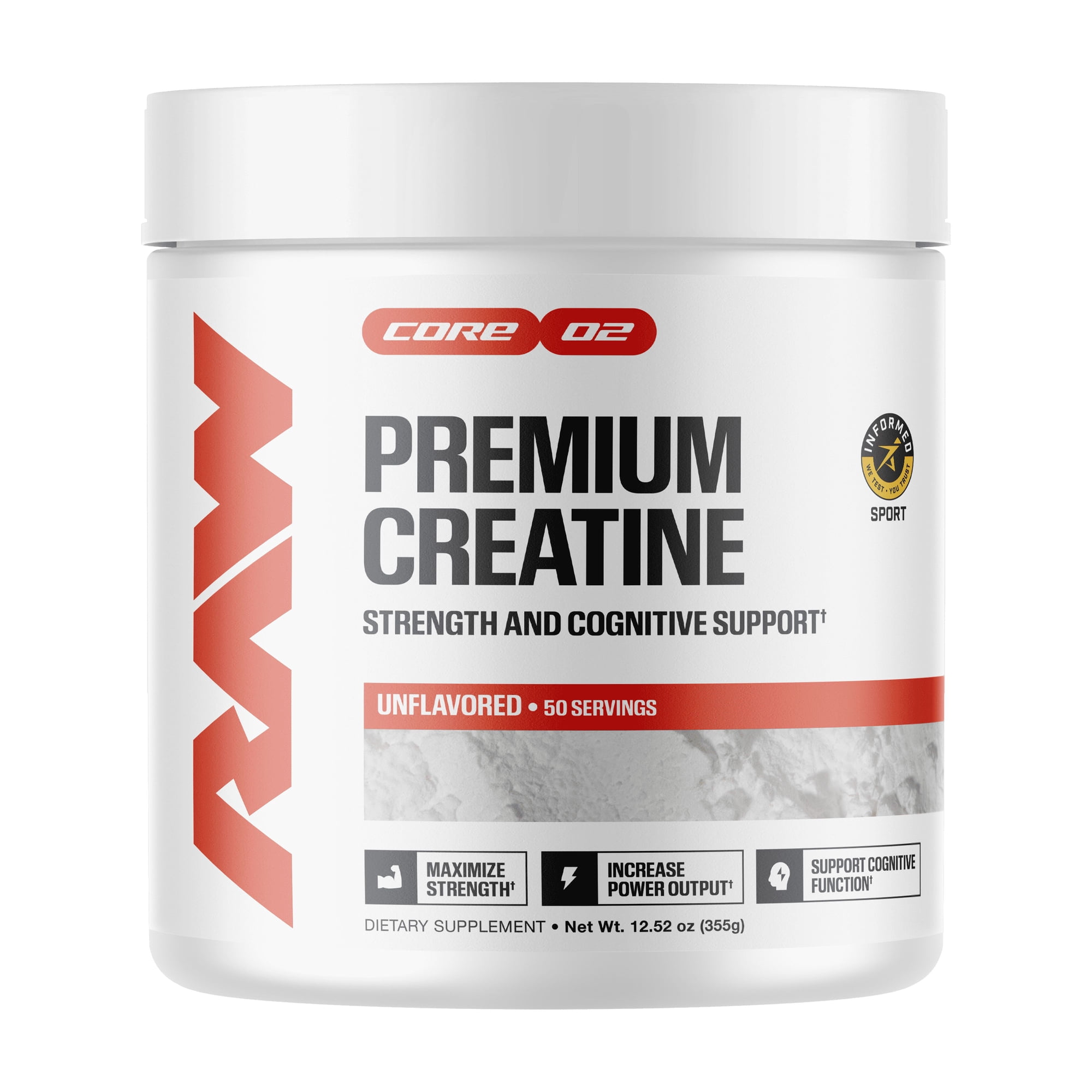 RAW Nutrition Essential Creatine Monohydrate Powder, 5g Per Serving, Unflavored, 50 Servings