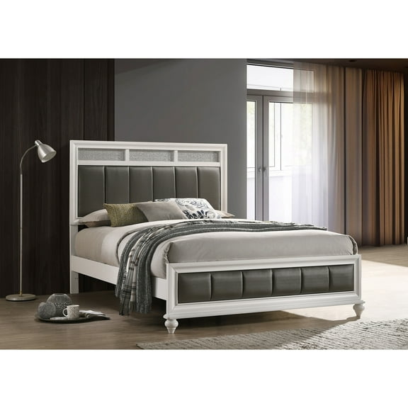 Bed Frame White and Grey Upholstered Queen Panel Bed