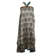 Mogul Womens Reversible Grey Printed Two Layer Magic Wrap Skirt Silk Sari Halter Dress