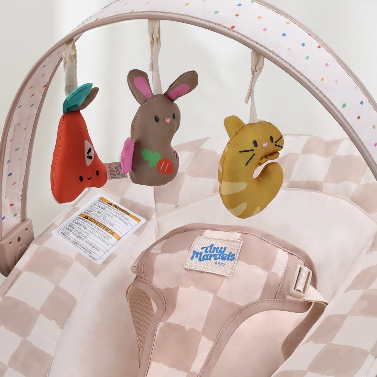 Tiny Marvels Baby Bouncer Seat with Soothing Vibrations and Music Sensory Toy, Age 0-6 Months(Sand Checks)