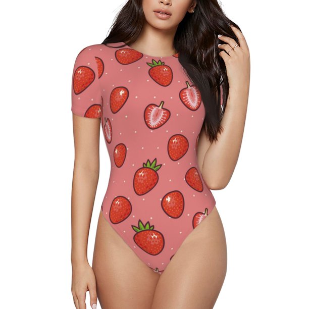 Balery Red Strawberry Body de cuello redondo de manga corta para mujer Tops de manga corta Tops básicos-Large