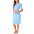 thumbnail image 4 of Vestido de mujer corto de manga corta Inspire Chic, vestido ajustado de tweed para el trabajo, vestido lápiz S azul cielo, 4 of 5
