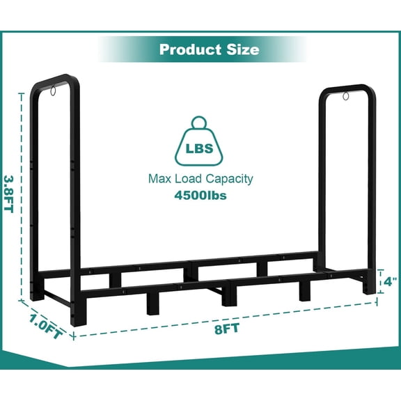 8Ft Firewood Rack Adjustable Fireplace Wood Holder for Outdoor Indoor Storage Log-Heavy Duty Fire Log Lumber Stand Stacker, Black