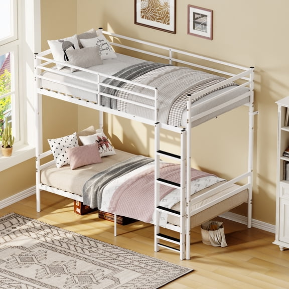 Leumius Metal Bunk Bed Twin Over Twin with Safety Guardraild & Ladder,Sturdy and Durable,No Spring Mattress Required,White